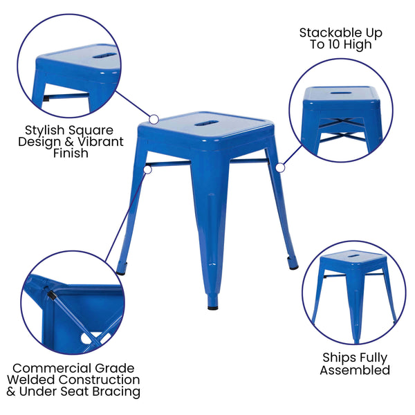 Royal Blue |#| 18 Inch Table Height Indoor Stackable Metal Dining Stool in Royal Blue-Set of 4