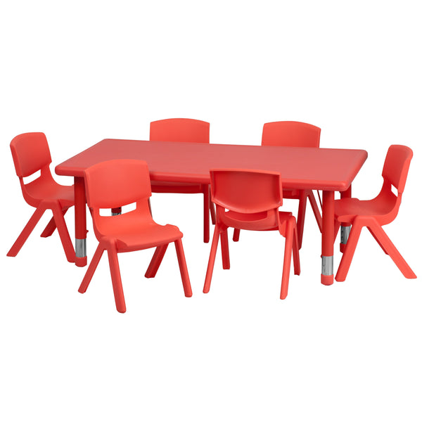 Red |#| 24inchW x 48inchL REC Red Plastic Height Adjustable Activity Table Set - 6 Chairs