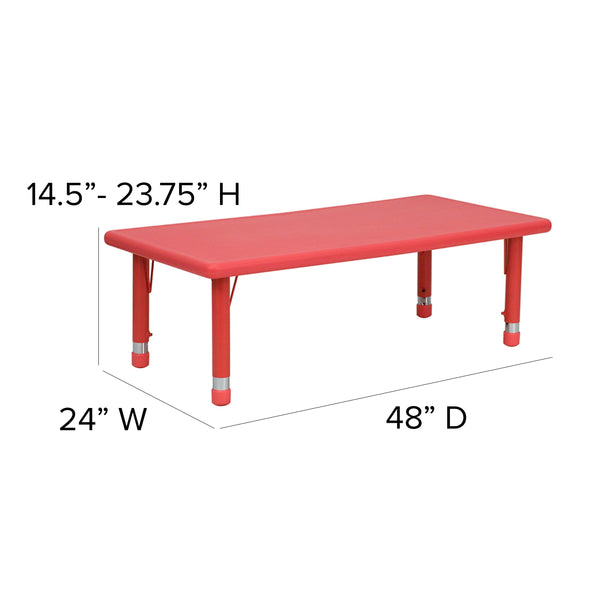 Red |#| 24inchW x 48inchL REC Red Plastic Height Adjustable Activity Table Set - 6 Chairs