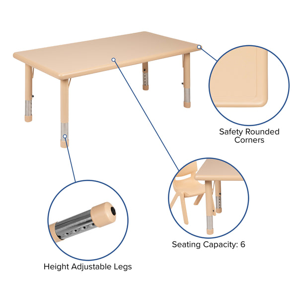 Natural |#| 24inchW x 48inchL Rectangle Natural Plastic Adjustable Activity Table Set - 6 Chairs