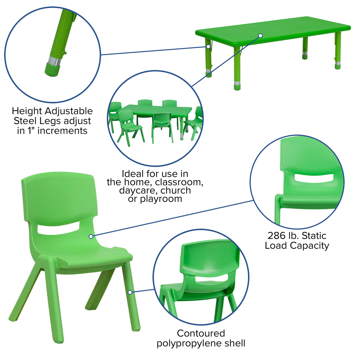 Green |#| 24inchW x 48inchL REC Green Plastic Height Adjustable Activity Table Set - 6 Chairs