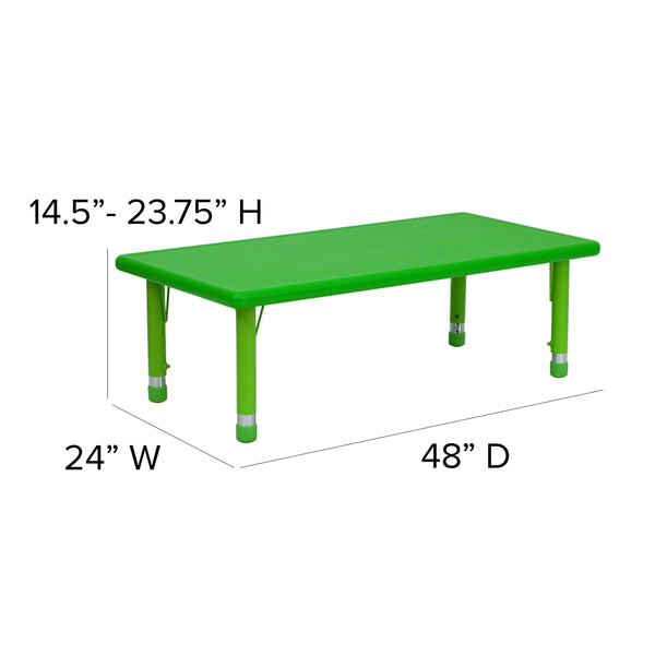 Green |#| 24inchW x 48inchL REC Green Plastic Height Adjustable Activity Table Set - 6 Chairs