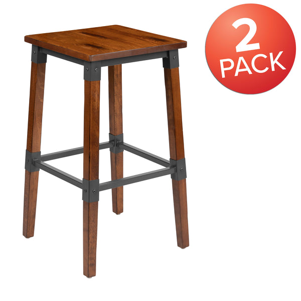 2 Pack Commercial Grade Rustic Walnut Industrial Style Backless Wood Barstool