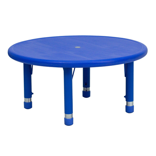 Blue |#| 33inch Round Blue Plastic Height Adjustable Activity Table