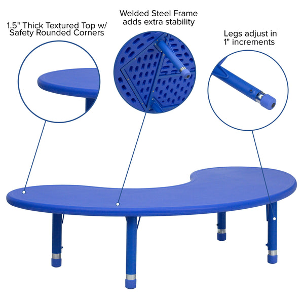 Blue |#| 35inchW x 65inchL Half-Moon Blue Plastic Height Adjustable Activity Table