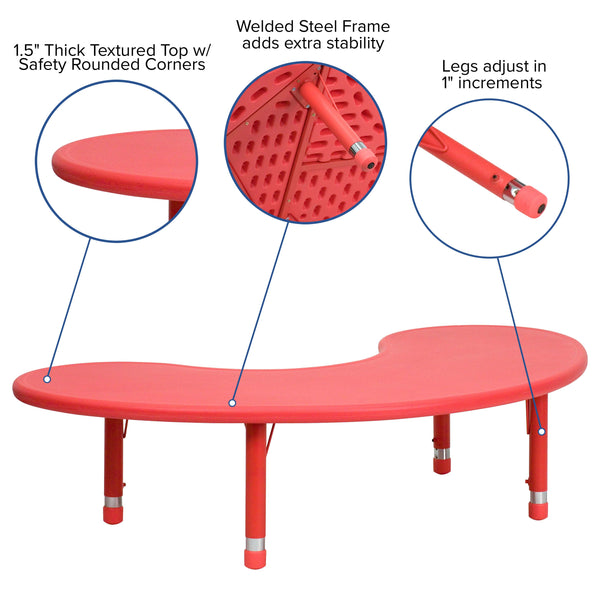 Red |#| 35inchW x 65inchL Half-Moon Red Plastic Height Adjustable Activity Table