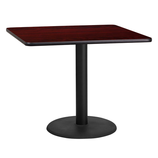 Mahogany |#| 36inch Square Mahogany Laminate Table Top with 24inch Round Table Height Base