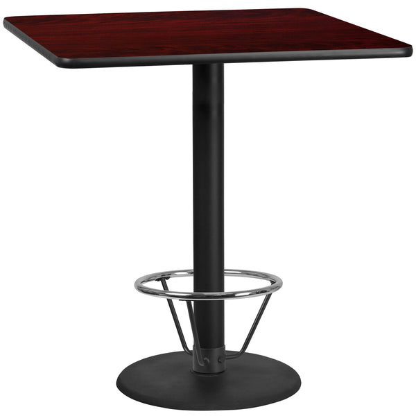 Mahogany |#| 42inch SQ Mahogany Laminate Table Top & 24inch Round Bar Height Table Base w/Foot Ring