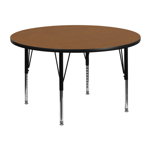 Oak |#| 48inch Round Oak Thermal Laminate Activity Table - Height Adjustable Short Legs