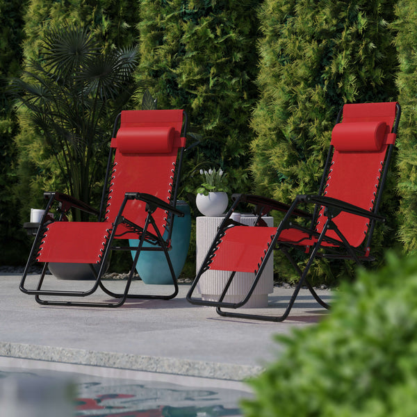 Red |#| 2 Pack Adjustable Mesh Zero Gravity Lounge Chair with Cup Holder Tray - Red