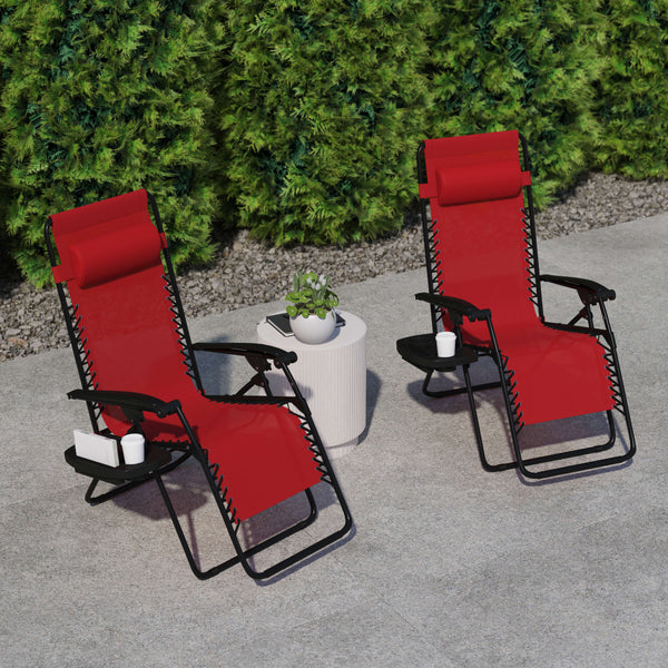 Red |#| 2 Pack Adjustable Mesh Zero Gravity Lounge Chair with Cup Holder Tray - Red