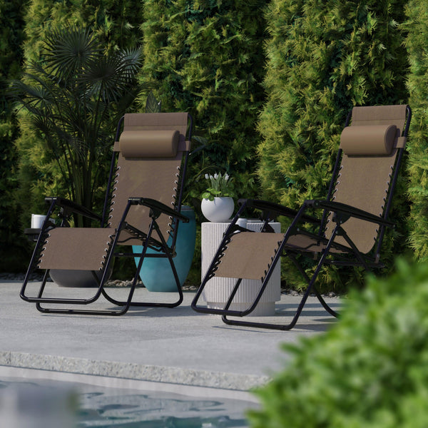 Brown |#| 2 Pack Adjustable Mesh Zero Gravity Lounge Chair with Cup Holder Tray - Brown