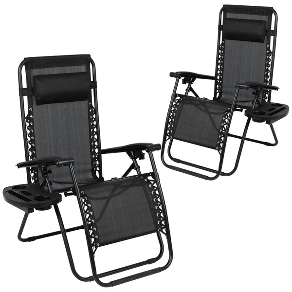 Black |#| 2 Pack Adjustable Mesh Zero Gravity Lounge Chair with Cup Holder Tray - Black