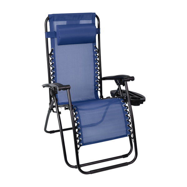 Navy |#| 2 Pack Adjustable Mesh Zero Gravity Lounge Chair with Cup Holder Tray - Navy