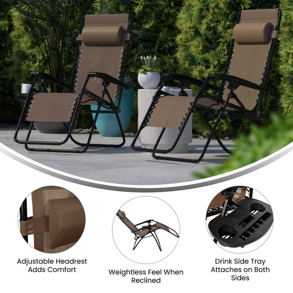 Brown |#| 2 Pack Adjustable Mesh Zero Gravity Lounge Chair with Cup Holder Tray - Brown