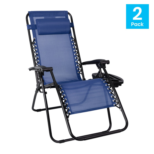 Navy |#| 2 Pack Adjustable Mesh Zero Gravity Lounge Chair with Cup Holder Tray - Navy