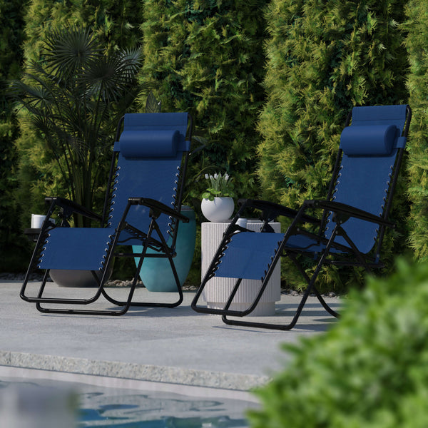 Navy |#| 2 Pack Adjustable Mesh Zero Gravity Lounge Chair with Cup Holder Tray - Navy