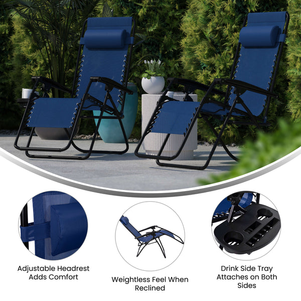 Navy |#| 2 Pack Adjustable Mesh Zero Gravity Lounge Chair with Cup Holder Tray - Navy