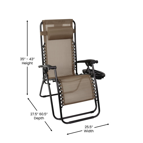 Brown |#| 2 Pack Adjustable Mesh Zero Gravity Lounge Chair with Cup Holder Tray - Brown