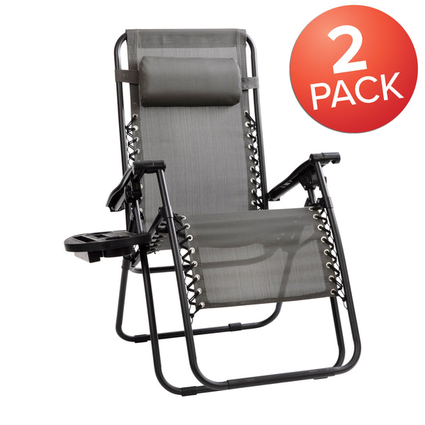 Gray |#| 2 Pack Adjustable Mesh Zero Gravity Lounge Chair with Cup Holder Tray - Gray
