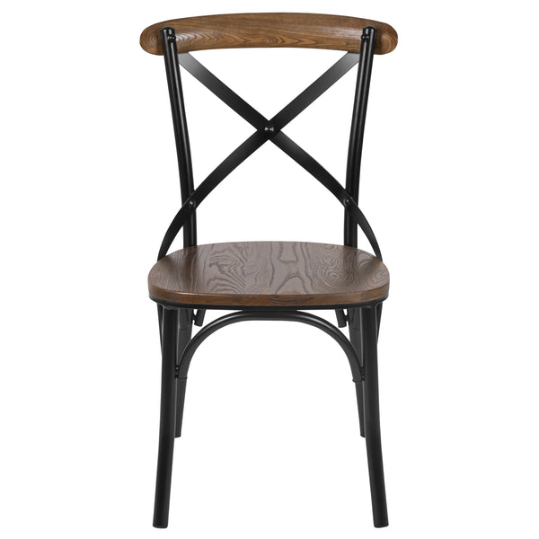 Black/Fruitwood |#| X-Back Black Metal Dining Restaurant Chair with Fruitwood Seat