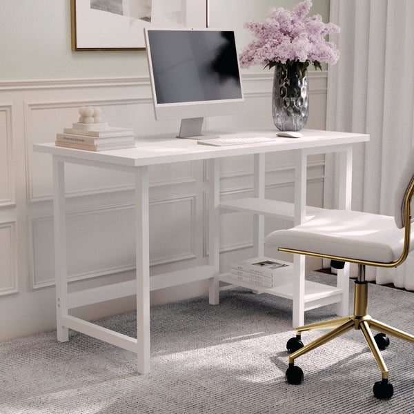 White Wood Grain |#| Modern Trestle Desk with Open Side Shelving in White Wood Grain