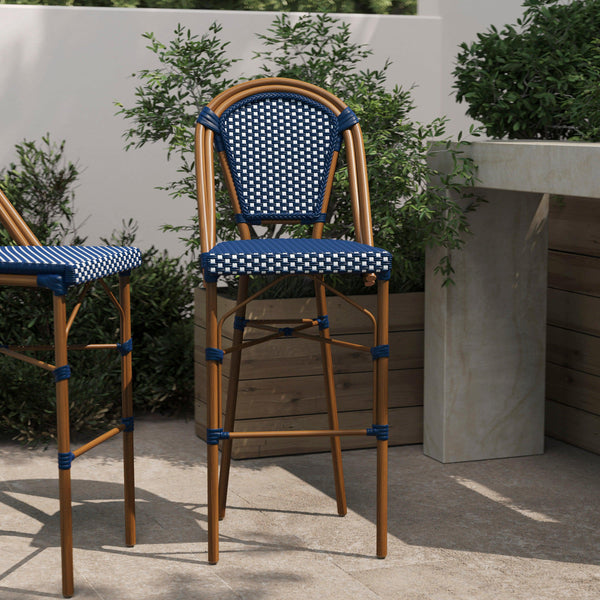 Navy & White/Natural Frame |#| All-Weather Commercial Paris Stool with Bamboo Print Metal Frame-Navy/White