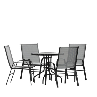 Brazos 5 Piece Outdoor Patio Dining Set - Tempered Glass Patio Table, 4 Flex Comfort Stack Chairs