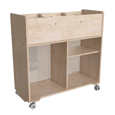 Bright Beginnings Commercial Grade Double Sided Space Saving Wooden Mobile Storage Cart with Locking Caster Wheels