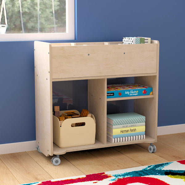 Commercial Wooden Classroom Mobile Storage Cart with 6 Compartments, Natural