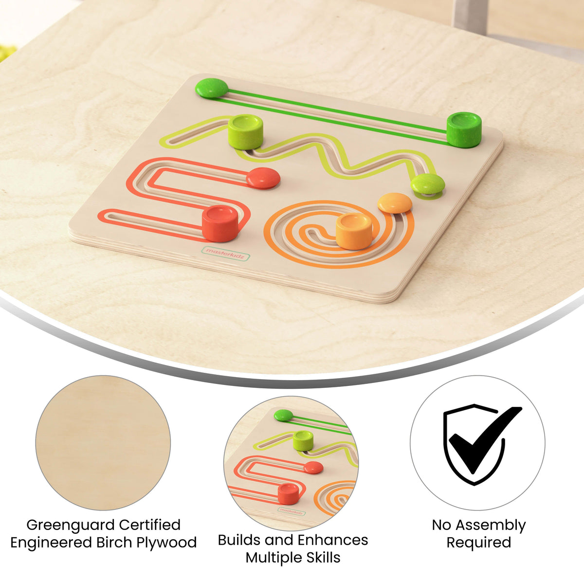 Commercial Grade Wooden STEM Sliding Shapes Learning Board-Natural/Multicolor