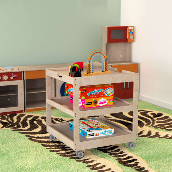 Commercial Grade Natural Wooden 3 Shelf Square Classroom Mobile Storage Cart