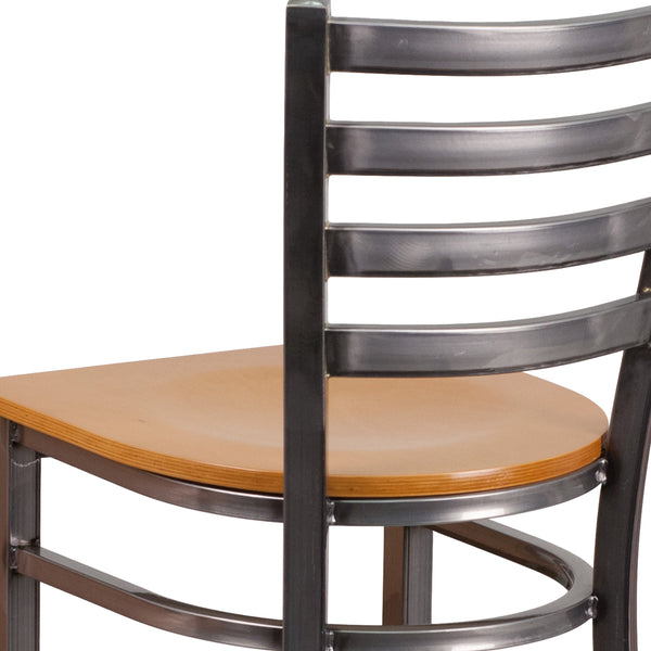 Natural Wood Seat/Clear Coated Metal Frame |#| Clear Coated Ladder Back Metal Restaurant Barstool - Natural Wood Seat