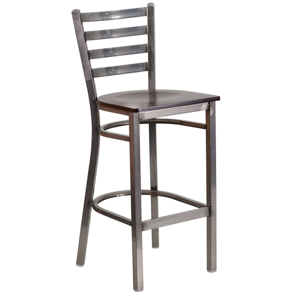 Walnut Wood Seat/Clear Coated Metal Frame |#| Clear Coated Ladder Back Metal Restaurant Barstool - Walnut Wood Seat