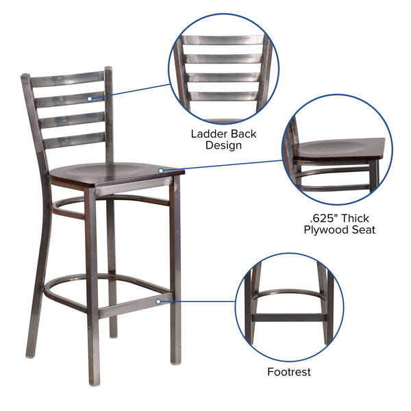 Walnut Wood Seat/Clear Coated Metal Frame |#| Clear Coated Ladder Back Metal Restaurant Barstool - Walnut Wood Seat