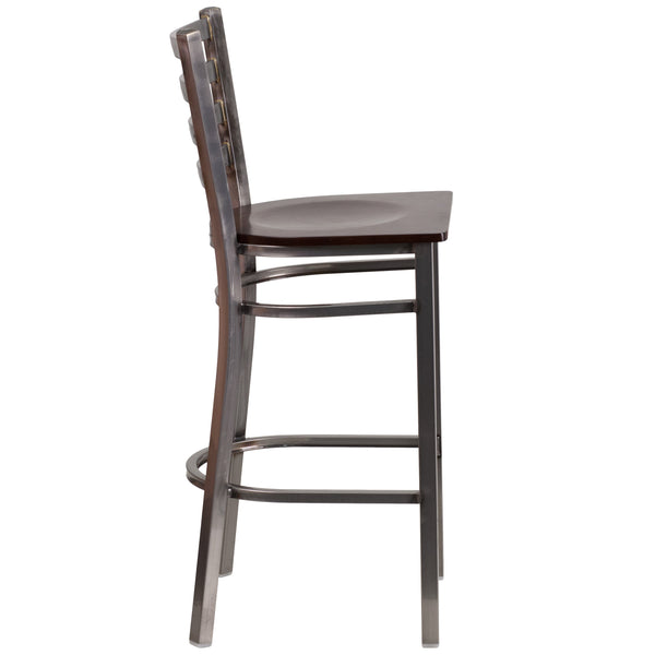 Walnut Wood Seat/Clear Coated Metal Frame |#| Clear Coated Ladder Back Metal Restaurant Barstool - Walnut Wood Seat