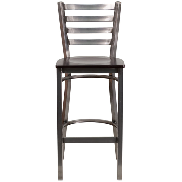 Walnut Wood Seat/Clear Coated Metal Frame |#| Clear Coated Ladder Back Metal Restaurant Barstool - Walnut Wood Seat