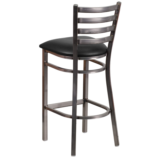 Black Vinyl Seat/Clear Coated Metal Frame |#| Clear Coated Ladder Back Metal Restaurant Barstool - Black Vinyl Seat