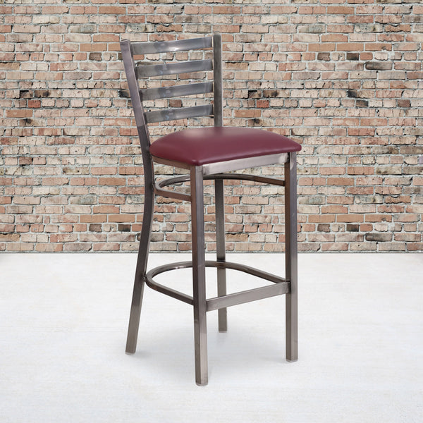 Burgundy Vinyl Seat/Clear Coated Metal Frame |#| Clear Coated Ladder Back Metal Restaurant Barstool - Burgundy Vinyl Seat