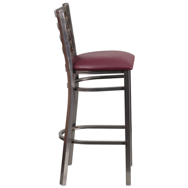 Burgundy Vinyl Seat/Clear Coated Metal Frame |#| Clear Coated Ladder Back Metal Restaurant Barstool - Burgundy Vinyl Seat