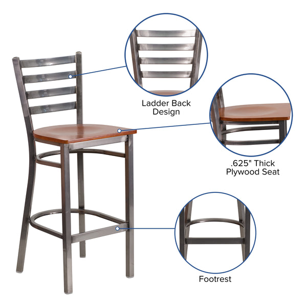 Cherry Wood Seat/Clear Coated Metal Frame |#| Clear Coated Ladder Back Metal Restaurant Barstool - Cherry Wood Seat