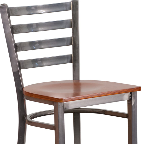 Cherry Wood Seat/Clear Coated Metal Frame |#| Clear Coated Ladder Back Metal Restaurant Barstool - Cherry Wood Seat