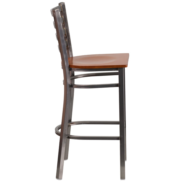 Cherry Wood Seat/Clear Coated Metal Frame |#| Clear Coated Ladder Back Metal Restaurant Barstool - Cherry Wood Seat