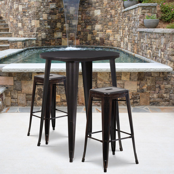 Black-Antique Gold |#| 30inch Round Black-Gold Metal Indoor-Outdoor Bar Table Set with 2 Backless Stools