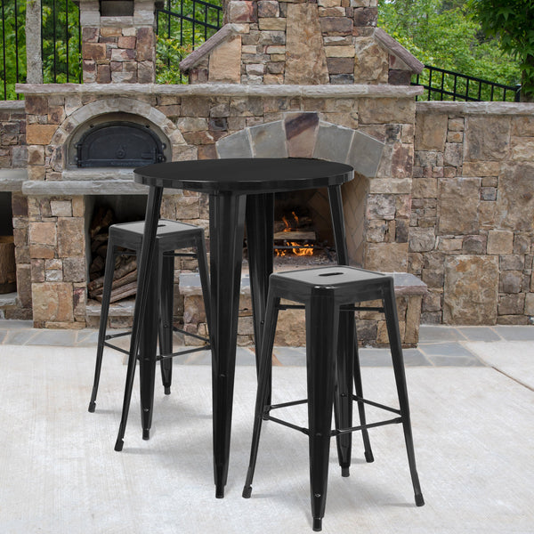 Black |#| 30inch Round Black Metal Indoor-Outdoor Bar Table Set with 2 Backless Stools