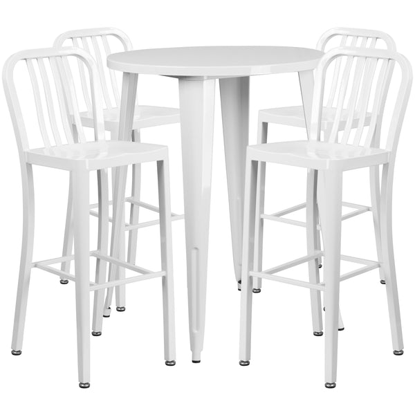 White |#| 30inch Round White Metal Indoor-Outdoor Bar Table Set with 4 Slat Back Stools