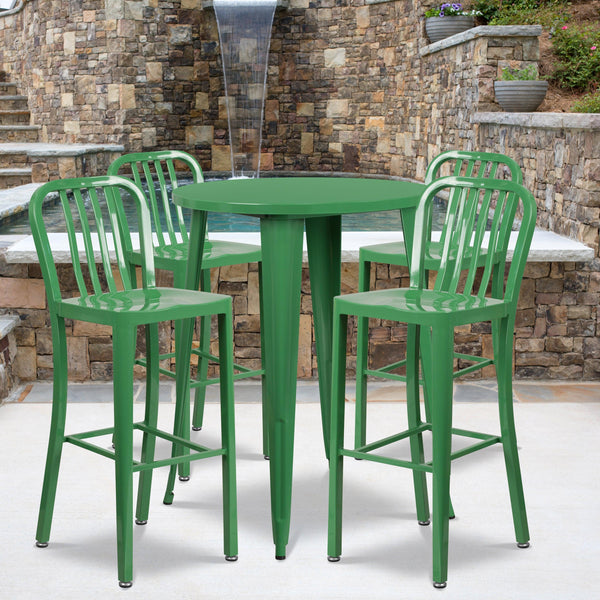 Green |#| 30inch Round Green Metal Indoor-Outdoor Bar Table Set with 4 Slat Back Stools