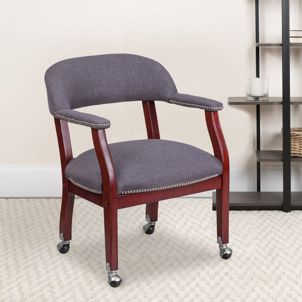 Gray Fabric |#| Gray Fabric Luxurious Conference Chair with Accent Nail Trim and Casters