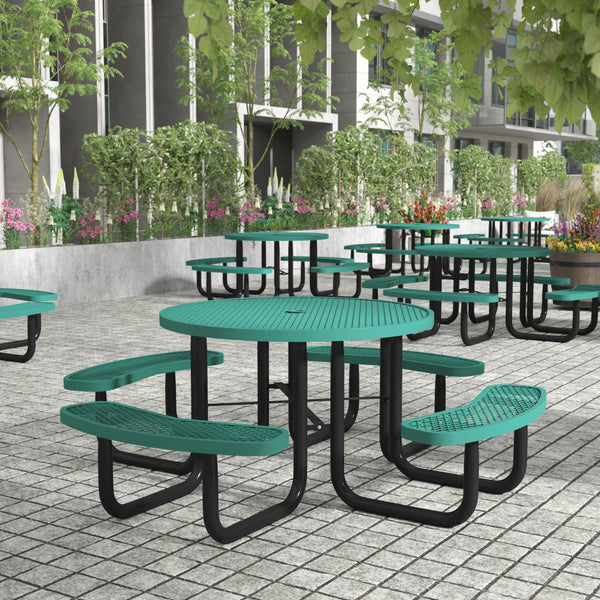 Green |#| Commercial Grade 46 Inch Round Expanded Mesh Metal Outdoor Picnic Table - Green