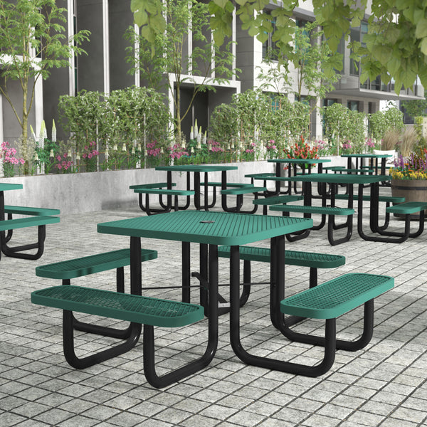 Green |#| Commercial 46 Inch Square Expanded Mesh Metal Picnic Table with Anchors - Green